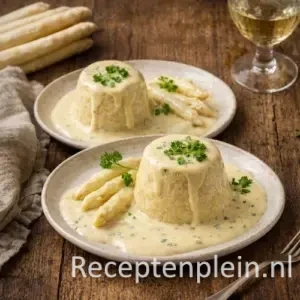 Aspergetimbaaltjes met romige aspergesaus op een rustieke houten tafel.
