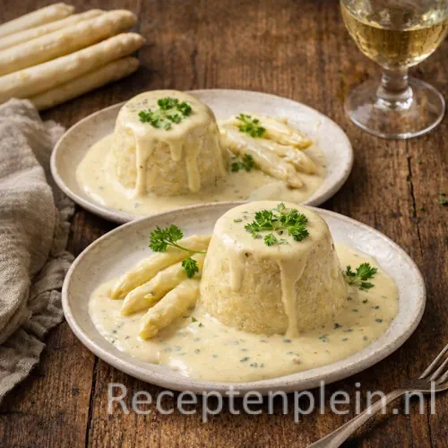 Aspergetimbaaltjes met romige aspergesaus op een rustieke houten tafel.