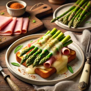 Een knapperige toast belegd met een plak ham, zachte witte asperges en gesmolten goudgele kaas, licht bestrooid met paprikapoeder. Het gerecht wordt geserveerd op een rustieke houten tafel, met een vintage mes en vork ernaast en een linnen servet voor extra sfeer. Op de achtergrond staat een houten snijplank met extra ham, kaas en verse asperges. De warme, natuurlijke belichting benadrukt de rijke texturen en uitnodigende kleuren van dit heerlijke lunchgerecht.