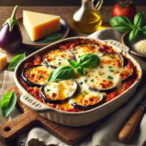 Een rustieke houten tafel met een versgebakken Italiaanse aubergine-mozzarella ovenschotel, geserveerd in een keramische ovenschaal. De bovenkant is goudbruin met gesmolten mozzarella en Parmezaanse kaas. Ernaast liggen verse basilicumblaadjes, een stuk Parmezaanse kaas en een scheutje olijfolie.