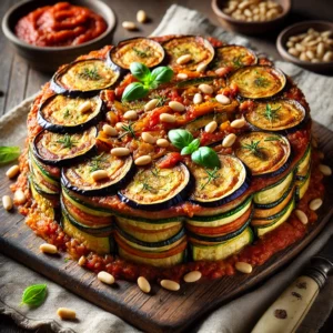 Een prachtig opgemaakte Aubergine Gâteau met laagjes goudbruine aubergine, gebakken courgette, paprika en ui, samengebonden met een rijke tomatensaus. De bovenkant is bestrooid met geroosterde pijnboompitten en verse basilicum voor een mediterrane touch. Een keurig gesneden plak laat de kleurrijke groentelagen goed zien. Op de rustieke houten tafel liggen een linnen servet, een vintage mes en een klein schaaltje met extra saus. Zachte natuurlijke verlichting benadrukt de warme tinten en rijke texturen van het gerecht.