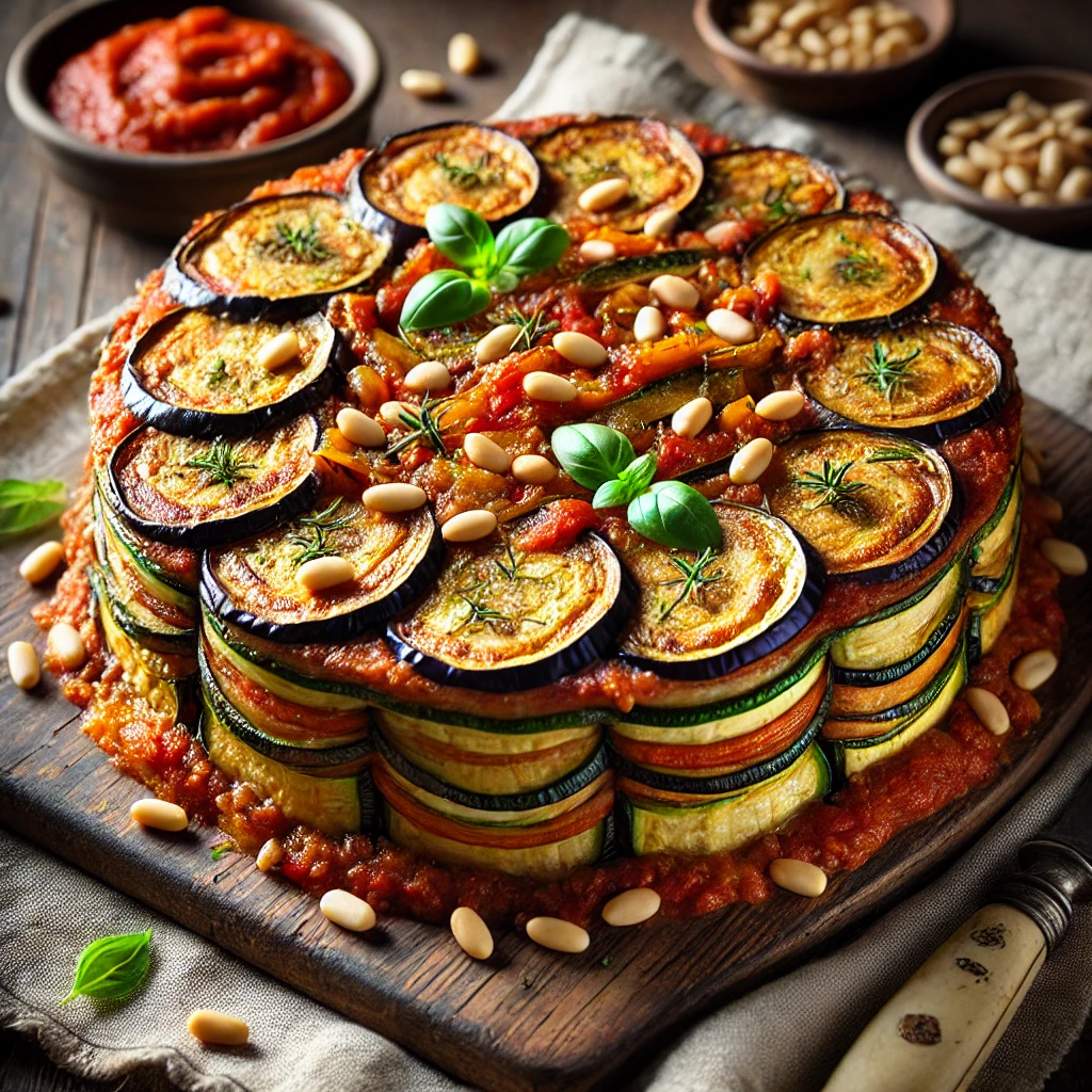 Een prachtig opgemaakte Aubergine Gâteau met laagjes goudbruine aubergine, gebakken courgette, paprika en ui, samengebonden met een rijke tomatensaus. De bovenkant is bestrooid met geroosterde pijnboompitten en verse basilicum voor een mediterrane touch. Een keurig gesneden plak laat de kleurrijke groentelagen goed zien. Op de rustieke houten tafel liggen een linnen servet, een vintage mes en een klein schaaltje met extra saus. Zachte natuurlijke verlichting benadrukt de warme tinten en rijke texturen van het gerecht.