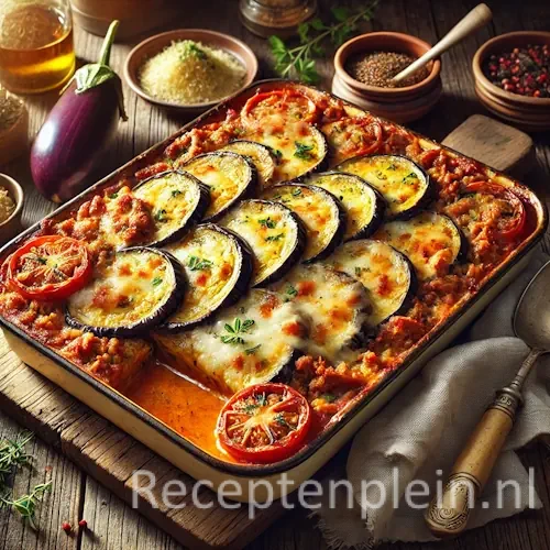 Ovenschotel met aubergine, gehakt en tomaat, afgedekt met gesmolten kaas in schaal op houten tafel.