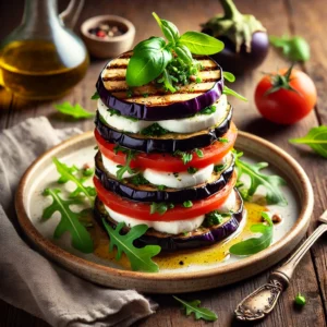Een prachtig opgemaakt gerecht met torentjes van gegrilde aubergine, sappige tomaat en romige mozzarella, elegant gestapeld en besprenkeld met olijfolie en fijngehakte basilicum. De torentjes worden geserveerd met verse rucola voor een pittige smaakbalans. Op de rustieke houten tafel liggen een linnen servet, een vintage vork en een klein schaaltje met extra olijfolie. Zachte natuurlijke verlichting benadrukt de levendige kleuren en rijke texturen van het gerecht.