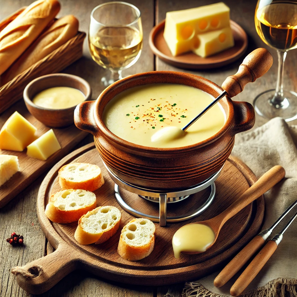 Een rustieke houten tafel met een authentieke Zwitserse kaasfondue van Emmentaler en Gruyère, verrijkt met kirsch en citroensap. De fondue wordt geserveerd in een traditionele caquelon, omringd door knapperige stokbroodstukjes, een glas witte wijn en een houten lepel.