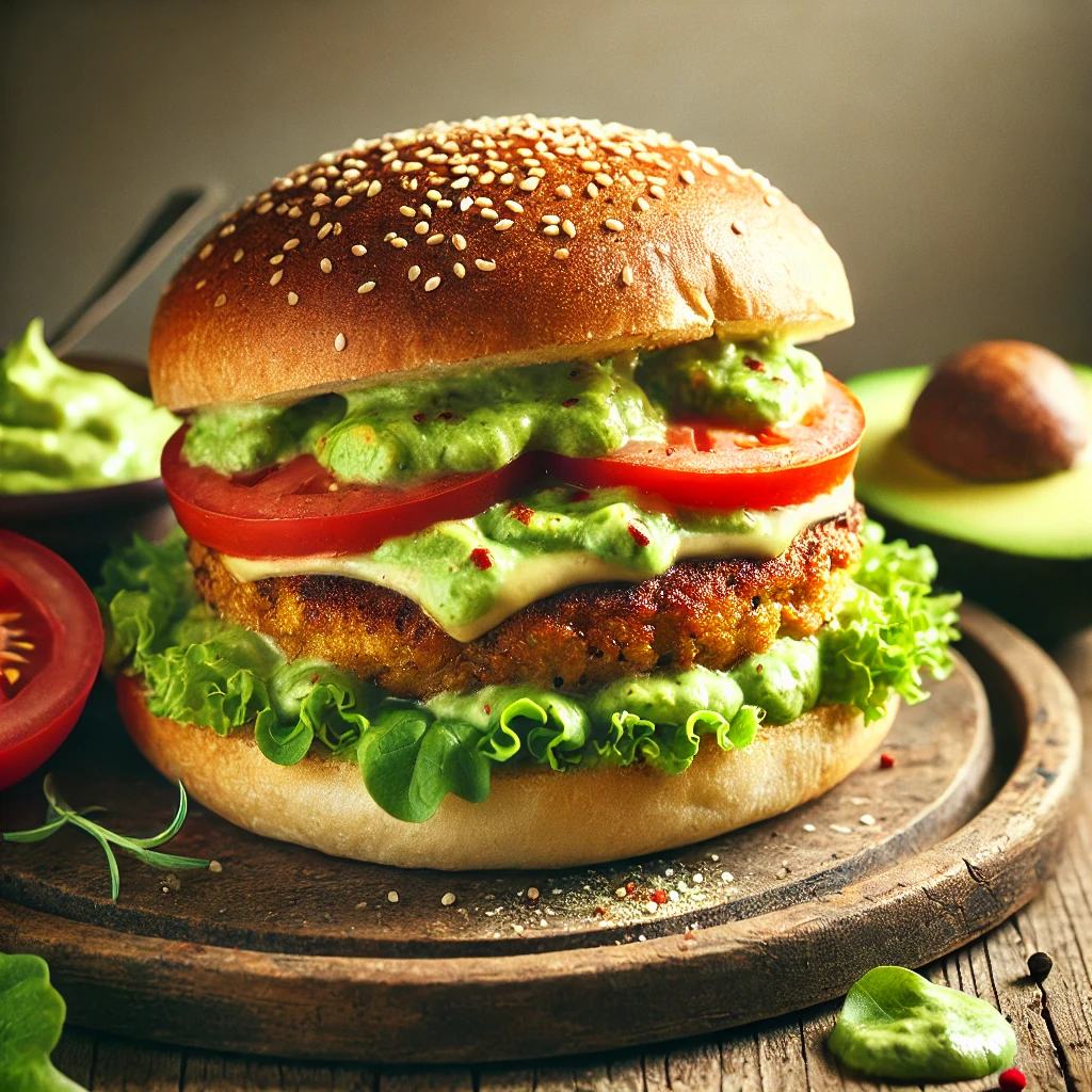 Een smakelijke vegetarische avocado-hamburger in een goudbruin getoast broodje, belegd met romige avocado-roomkaascrème en verse plakjes tomaat. De knapperige vegetarische burger ligt tussen het zachte brood, met een royale laag smeuïge avocadosaus op smaak gebracht met chilipoeder en citroensap. Geserveerd op een rustiek houten bord, vergezeld door een frisse salade en een schaaltje extra avocadospread. Zachte natuurlijke verlichting benadrukt de verse en uitnodigende texturen van het gerecht.