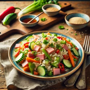 Een kleurrijke Aziatische rijstsalade met ham en groenten, geserveerd op een rustieke houten tafel. De salade bestaat uit luchtige jasmijnrijst gemengd met blokjes ham, knapperige paprika, wortel, komkommer en bosui, allemaal licht gekruid met een sesam-sojadressing. Het gerecht is afgemaakt met geroosterde sesamzaadjes en verse koriander. Naast het bord liggen een vintage vork en een set eetstokjes, samen met een linnen servet. Op de achtergrond staat een houten snijplank met verse groenten, een schaaltje sojasaus en een bakje sesamzaadjes. De warme, natuurlijke belichting benadrukt de frisse kleuren en texturen van de salade.