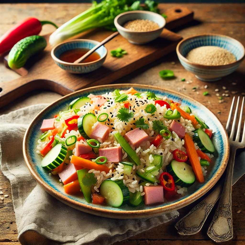 Een kleurrijke Aziatische rijstsalade met ham en groenten, geserveerd op een rustieke houten tafel. De salade bestaat uit luchtige jasmijnrijst gemengd met blokjes ham, knapperige paprika, wortel, komkommer en bosui, allemaal licht gekruid met een sesam-sojadressing. Het gerecht is afgemaakt met geroosterde sesamzaadjes en verse koriander. Naast het bord liggen een vintage vork en een set eetstokjes, samen met een linnen servet. Op de achtergrond staat een houten snijplank met verse groenten, een schaaltje sojasaus en een bakje sesamzaadjes. De warme, natuurlijke belichting benadrukt de frisse kleuren en texturen van de salade.