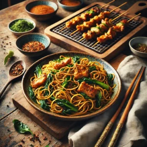 Een bord met geurige Bami Goreng, roergebakken met knapperige paksoi en op smaak gebracht met een kruidige mix. Ernaast liggen perfect gegrilde kipsatéspiesen, rijkelijk overgoten met een romige, pittige pindasaus. Krokante gebakken uitjes zijn over de bami gestrooid voor extra textuur. Op de achtergrond staan extra satéspiesen, een kommetje pindasaus en verse kruiden. De warme, natuurlijke belichting benadrukt de rijke kleuren en smaken van dit heerlijke Aziatische gerecht.