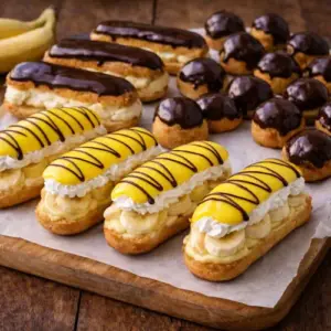 Assortiment van bananensoezen met gele glazuur en chocoladestrepen, eclairs met pudding en slagroom, en kleine met chocolade overgoten soesjes op een houten plank met bakpapier.