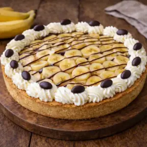 Bananensplit vlaai met een vulling van banketbakkersroom, schijfjes banaan, chocoladestrepen en rozetten slagroom met chocoladedecoratie, geserveerd op een houten plank.