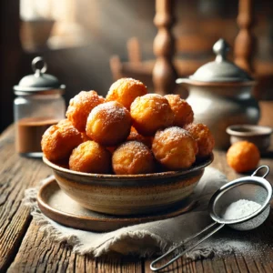 Goudbruine klassieke oliebollen met een knapperige buitenkant en luchtige binnenkant, licht bestoven met poedersuiker, geserveerd op een rustieke houten tafel.