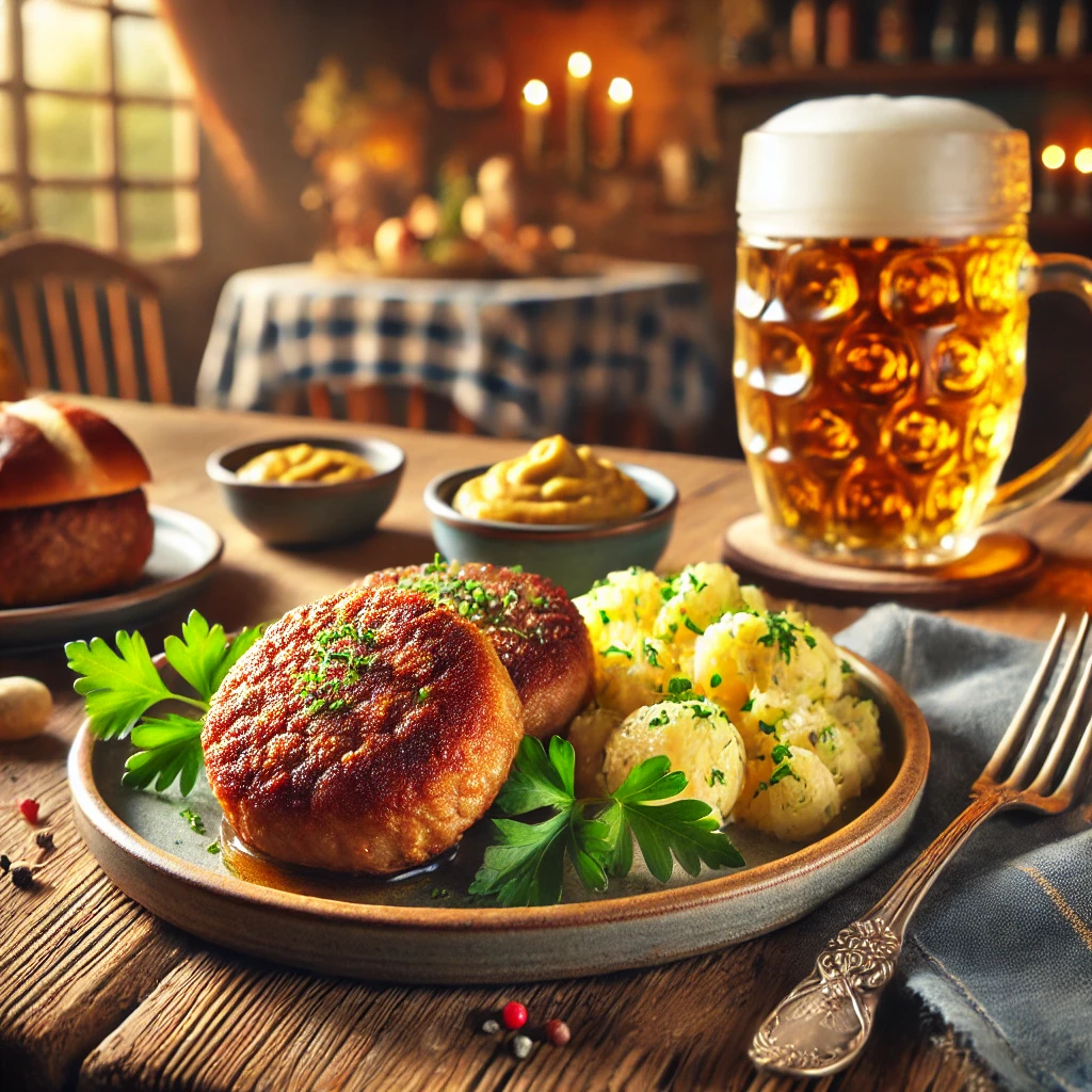 Een rustieke houten tafel met een bord goudbruine Beierse gehaktkoekjes, rond en sappig, gegarneerd met verse peterselie. Naast de koekjes ligt een traditionele Duitse aardappelsalade. Een klein schaaltje mosterd en een bierpul maken het gerecht compleet. De achtergrond toont een warme, landelijke Europese keuken.