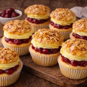 Zeven bienenstichcupcakes met een twist, bestaande uit vanillebiscuit, kersen, custardbotercrème en een glanzend krokant amandeldeksel, gepresenteerd op een houten plank.