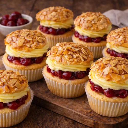 Zeven bienenstichcupcakes met een twist, bestaande uit vanillebiscuit, kersen, custardbotercrème en een glanzend krokant amandeldeksel, gepresenteerd op een houten plank.