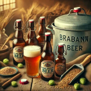 Traditioneel Brabants huisgebrouwen bier uit de jaren 1920–1930 in beugelflessen op een houten tafel, met mout, hop, Buisman en een glas amberkleurig bier.