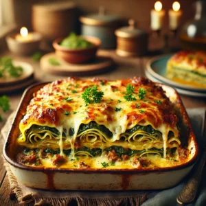 Ovenschaal met boerenkoollasagne, rijk gevuld met shoarma, gesmolten kaas en romige saus, gegarneerd met verse peterselie op een rustieke houten tafel.