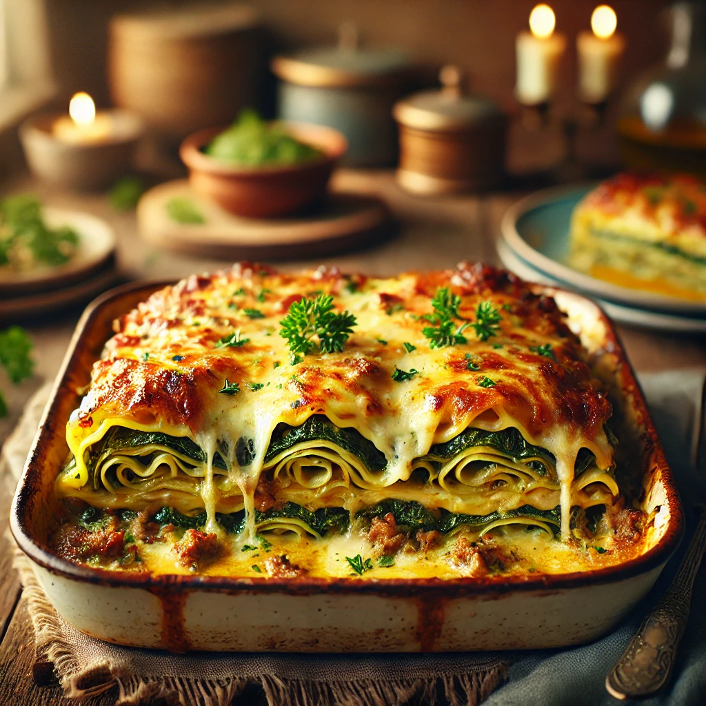 Ovenschaal met boerenkoollasagne, rijk gevuld met shoarma, gesmolten kaas en romige saus, gegarneerd met verse peterselie op een rustieke houten tafel.