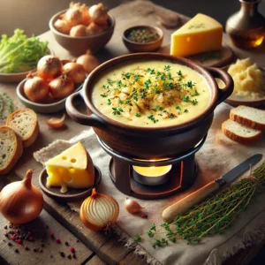 Een rustieke houten tafel met een Nederlandse kaasfondue uit Bourtange, verrijkt met uien en knoflook. De fondue heeft een romige textuur en wordt geserveerd in een traditionele pot, omringd door rustiek brood, gekarameliseerde uien en verse groenten.