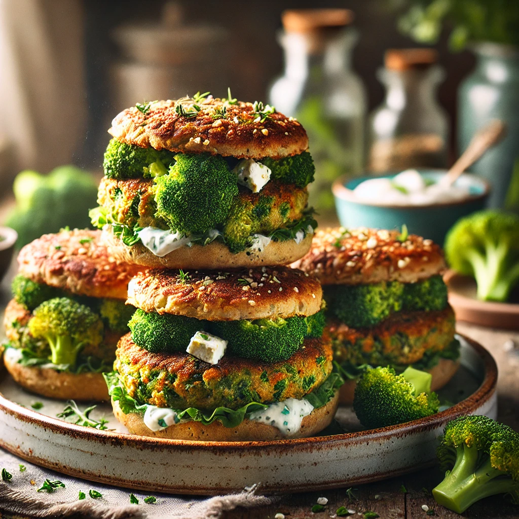 Krokante broccoli feta burgers met een goudbruine korst, geserveerd op een rustieke houten tafel met verse kruiden en romige yoghurtsaus.