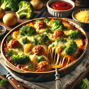 Ovenschotel met broccoli, aardappel en gehaktballetjes in een zoetzure saus, gegratineerd met kaas en geserveerd in een rustieke schaal op een houten tafel.