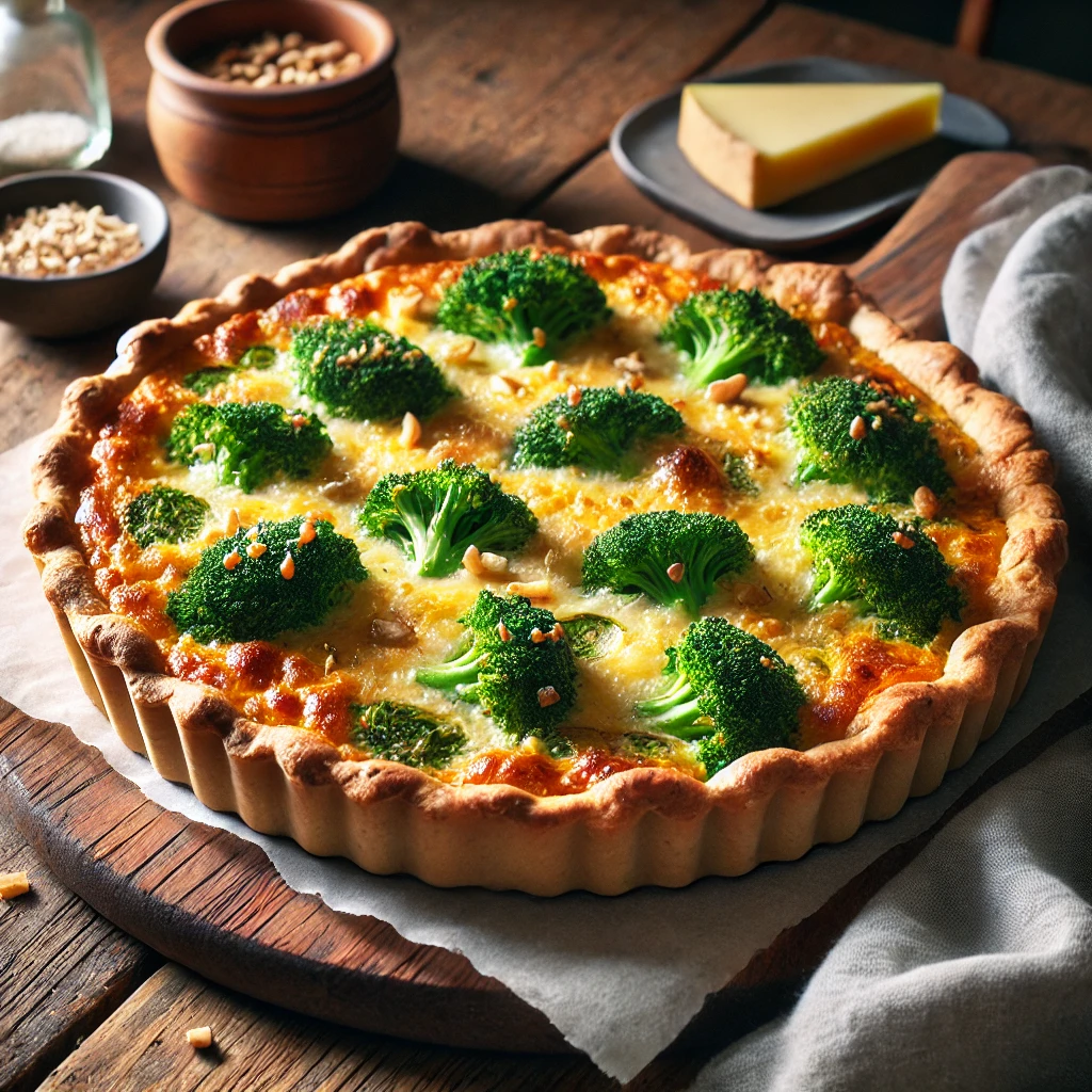 Een versgebakken broccolitaart met kaas en noten op een rustieke houten tafel, met een knapperige korst, gesmolten kaas en gehakte noten als topping.