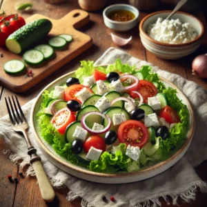 Een kleurrijke Bulgaarse salade met knapperige ijsbergsla, plakjes komkommer, sappige tomaten, en dun gesneden rode uiringen. De salade is royaal bestrooid met verkruimelde Bulgaarse feta en gegarneerd met zwarte olijven. Een lichte vinaigrette geeft een frisse smaak, terwijl een vleugje zwarte peper de smaken versterkt. Naast het bord ligt een vintage vork en een linnen servet op een rustieke houten tafel. Op de achtergrond staat een houten snijplank met extra feta, verse groenten en een schaaltje vinaigrette. De warme, natuurlijke belichting benadrukt de verse en levendige kleuren van dit authentieke gerecht.