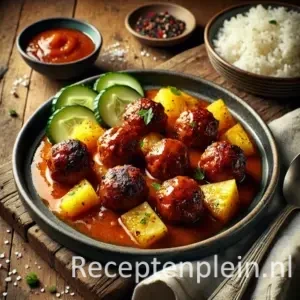 Cajun gehaktballetjes met pittige zoet-zure saus en stukjes ananas, geserveerd met witte rijst en een frisse komkommersalade op een rustieke houten tafel, met een lepel en wat saus langs het bord voor een levensechte uitstraling.