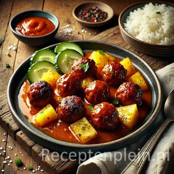 Cajun gehaktballetjes met pittige zoet-zure saus en stukjes ananas, geserveerd met witte rijst en een frisse komkommersalade op een rustieke houten tafel, met een lepel en wat saus langs het bord voor een levensechte uitstraling.