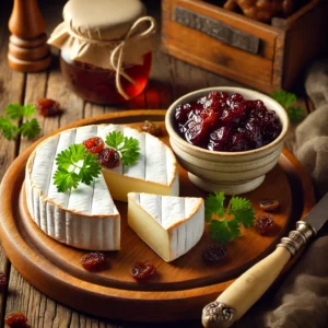 Een prachtig gepresenteerd bord met camembert, geserveerd met een zoete rozijnencompote. Het gerecht bevat twee porties camembert, waarvan één in twee puntjes gesneden, en een rijke, glanzende rozijnencompote in een klein schaaltje. Het geheel is gegarneerd met peterselie of verse majoraan, en de rustieke houten tafel voegt een warme, uitnodigende sfeer toe.