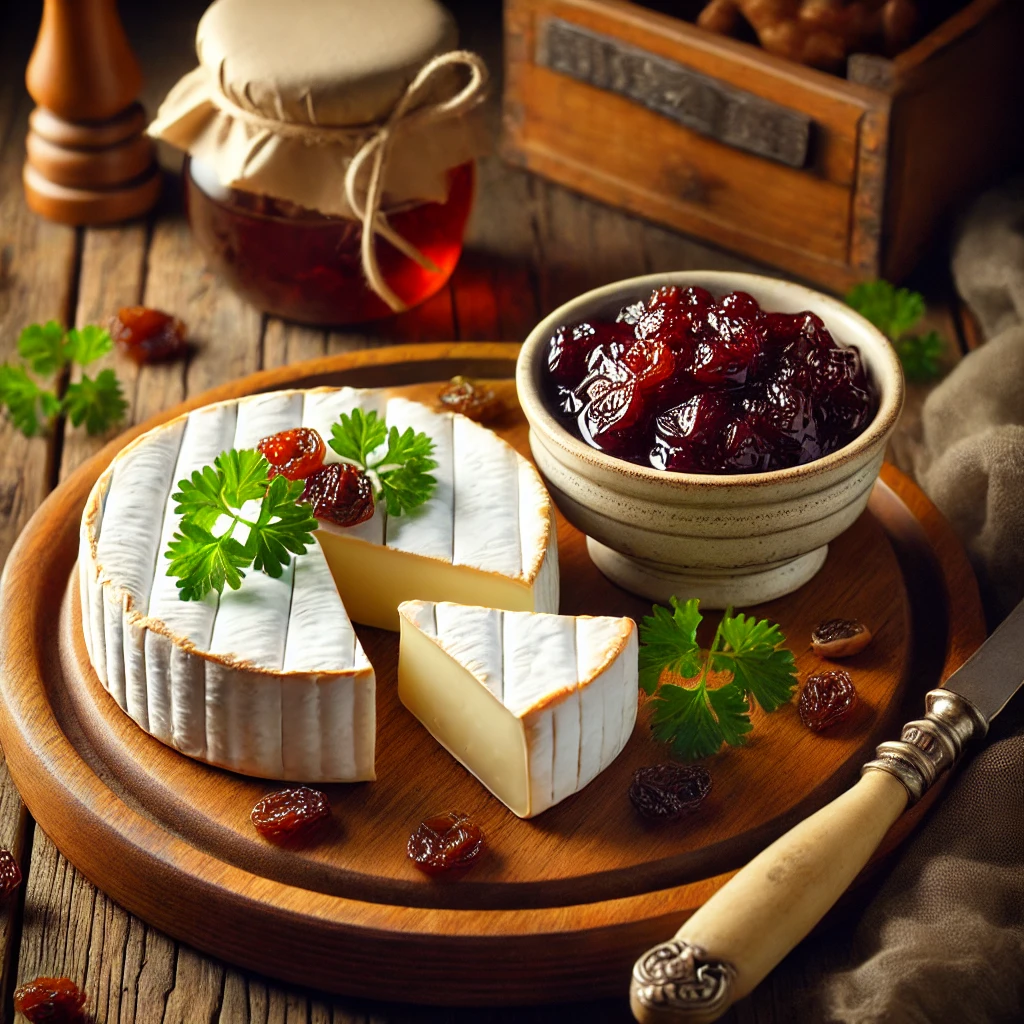 Een prachtig gepresenteerd bord met camembert, geserveerd met een zoete rozijnencompote. Het gerecht bevat twee porties camembert, waarvan één in twee puntjes gesneden, en een rijke, glanzende rozijnencompote in een klein schaaltje. Het geheel is gegarneerd met peterselie of verse majoraan, en de rustieke houten tafel voegt een warme, uitnodigende sfeer toe.