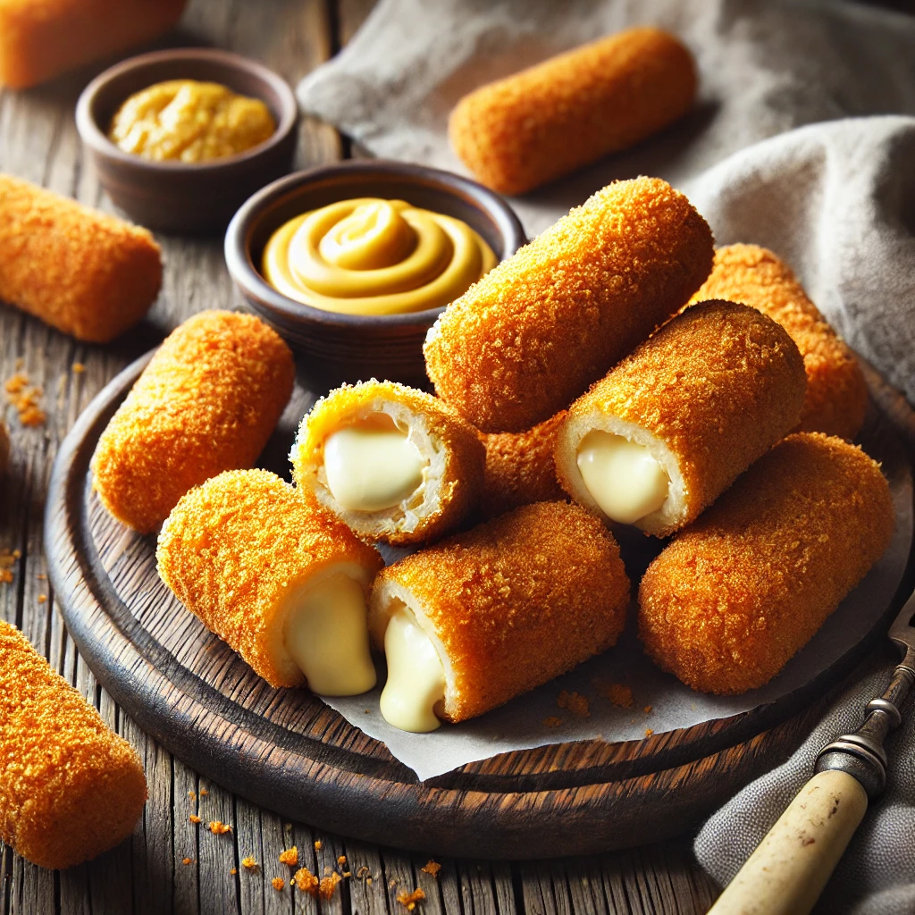 Een bord met knapperige, goudbruine camembertkroketten, vers gefrituurd en langwerpig van vorm. Eén kroket is doorgesneden, waardoor de romige, gesmolten camembertvulling goed zichtbaar is. De kroketten worden geserveerd op een houten snijplank, met een klein schaaltje mosterd om te dippen. Op de rustieke houten tafel liggen een linnen servet en een vintage vork. Zachte natuurlijke verlichting benadrukt de warme tinten en de krokante textuur van de kroketten.