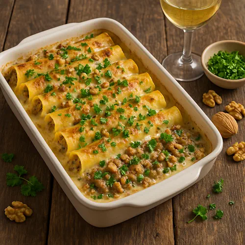 Romige cannelloni met kipgehakt en walnoten op een rustieke houten tafel, goudbruin uit de oven, gegarneerd met verse peterselie en geserveerd met een glas witte wijn.