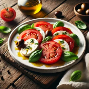 Een rustieke houten tafel met een klassieke Caprese salade, bestaande uit verse tomaten en romige mozzarella, gegarneerd met basilicum en olijfolie, geserveerd op een witte keramische schaal.