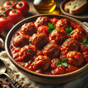 Catalaanse gehaktballetjes in rijke tomatensaus, gegarneerd met peterselie, geserveerd in een rustieke kom met brood op een houten tafel.