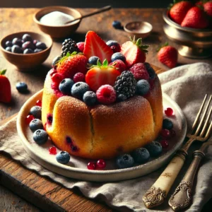 Een prachtig opgemaakte Franse charlotte met rode vruchten, geserveerd op een rustieke houten tafel. De dessertvorm is gemaakt van zachte, goudbruine broodlagen en gevuld met een kleurrijke mix van aardbeien, bosbessen en bramen. De bovenkant is versierd met verse bessen en licht bestoven met poedersuiker. Naast het bord ligt een vintage dessertvork en een linnen servet. Op de achtergrond staat een houten snijplank met extra bessen, een schaaltje suiker en een klein mesje. De warme, natuurlijke belichting benadrukt de rijke kleuren en verfijnde texturen van dit zomerse dessert.