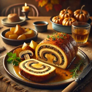 Een rustieke houten tafel met een bord goudbruine cheddar-paddenstoelen rollade, diagonaal gesneden, met een smeuïge, nootachtige vulling. De rollade is gegarneerd met verse kruiden en besprenkeld met een glanzende ciderjus. Geroosterde aardappelen en een frisse groene salade als bijgerecht. De achtergrond toont een gezellige herfstkeuken met warme, zachte verlichting.