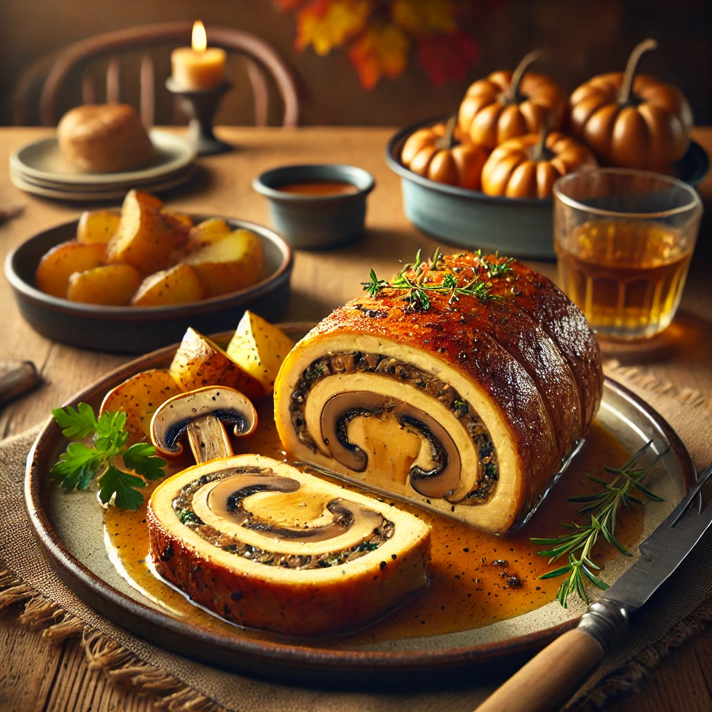 Een rustieke houten tafel met een bord goudbruine cheddar-paddenstoelen rollade, diagonaal gesneden, met een smeuïge, nootachtige vulling. De rollade is gegarneerd met verse kruiden en besprenkeld met een glanzende ciderjus. Geroosterde aardappelen en een frisse groene salade als bijgerecht. De achtergrond toont een gezellige herfstkeuken met warme, zachte verlichting.
