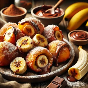 Een rustieke houten tafel met goudbruine, knapperige chocolade banaan beignets, bestrooid met poedersuiker en overgoten met gesmolten chocolade. Enkele beignets zijn open gesneden, waardoor de warme, smeuïge vulling van banaan en chocolade zichtbaar is. Ernaast liggen verse bananenschijfjes, een schaaltje gesmolten chocolade en een vleugje cacaopoeder.