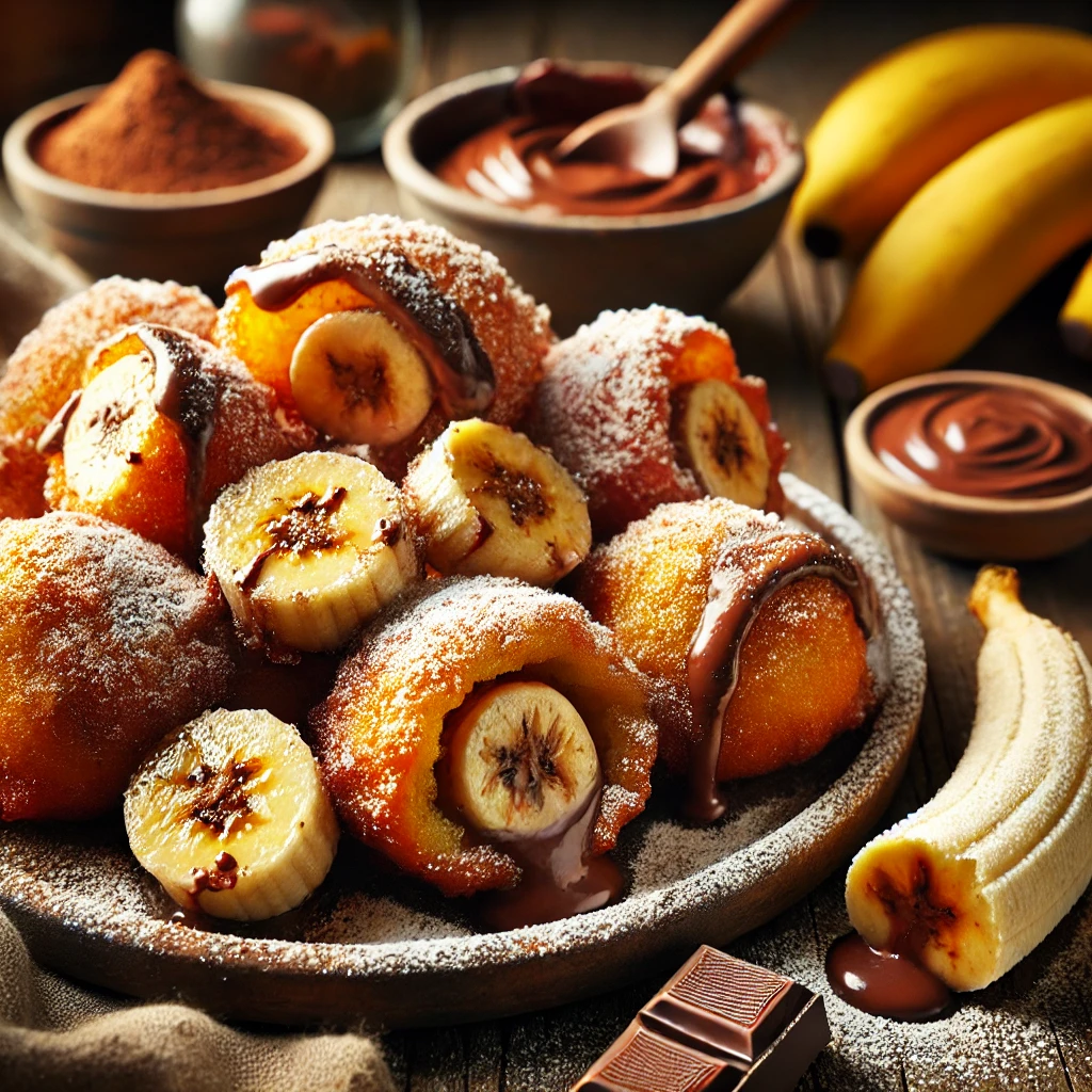 Een rustieke houten tafel met goudbruine, knapperige chocolade banaan beignets, bestrooid met poedersuiker en overgoten met gesmolten chocolade. Enkele beignets zijn open gesneden, waardoor de warme, smeuïge vulling van banaan en chocolade zichtbaar is. Ernaast liggen verse bananenschijfjes, een schaaltje gesmolten chocolade en een vleugje cacaopoeder.