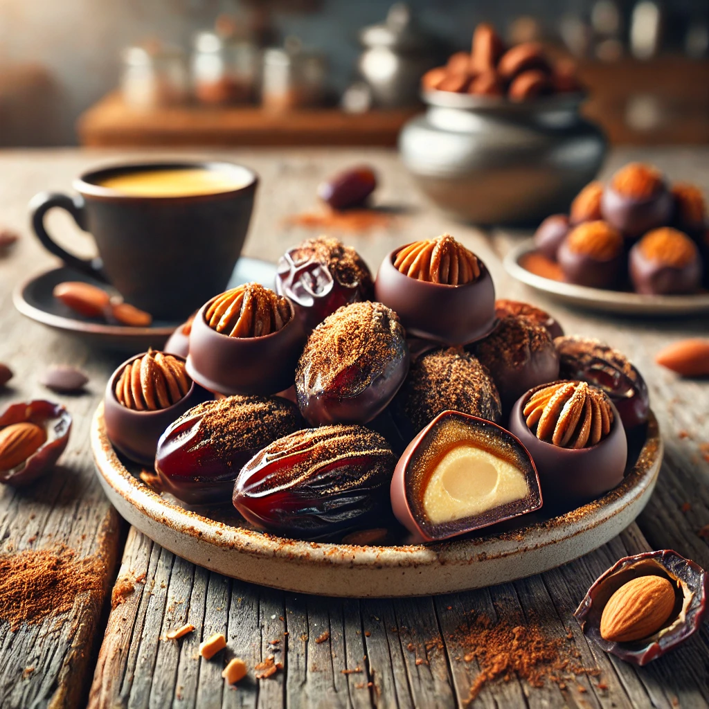 Een rustieke houten tafel met een klein keramisch bordje vol glanzende chocolade-dadels, gevuld met romige amandelspijs. Enkele dadels zijn doorgesneden zodat de zachte vulling zichtbaar is. Het geheel is gegarneerd met fijngehakte noten en een vleugje cacaopoeder. Ernaast staat een kopje espresso. De achtergrond toont een sfeervolle, zacht verlichte keuken.