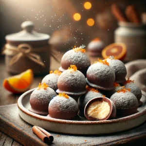 Feestelijke chocolade sneeuwballen met een vleugje sinaasappel, bestrooid met poedersuiker en gegarneerd met sinaasappelschil, geserveerd op een rustieke houten tafel.