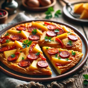 Spaanse chorizo aardappel omelet, goudbruin gebakken en geserveerd in driehoekige stukken met verse peterselie op een rustieke houten tafel.