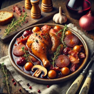 Een rustiek bord met Coq au Vin, het klassieke Franse gerecht van langzaam gegaarde kip in een rijke rode wijnsaus. De kip is mals en omringd door zilveruitjes, champignons en knapperige spekjes, gegarneerd met verse tijm. Het gerecht wordt geserveerd in een keramische schaal op een houten tafel, met een vintage vork en mes ernaast. Op de achtergrond liggen een fles rode wijn, een bosje tijm en een knapperig stuk rustiek brood. De warme, natuurlijke belichting versterkt de diepe kleuren en rijke texturen van het gerecht.