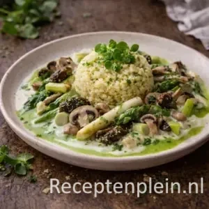 Couscous met paddenstoelen en asperges op een rustieke houten tafel.