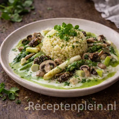 Couscous met paddenstoelen en asperges op een rustieke houten tafel.