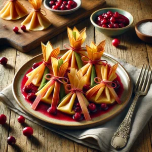 Feestelijke cranberrybuideltjes, gemaakt van dunne crêpes en gevuld met een zoetzure cranberry-bessengelei, elegant dichtgebonden met een strookje preigroen. De buideltjes zijn goudbruin gebakken en lichtjes besprenkeld met een glanzende portsaus. Verse cranberries zorgen voor een feestelijke finishing touch. Naast het bord ligt een vintage vork en een linnen servet op een rustieke houten tafel. Op de achtergrond staat een houten snijplank met extra crêpes, een schaaltje cranberrysaus en een kommetje suiker. De warme, natuurlijke belichting benadrukt de rijke kleuren en feestelijke uitstraling van dit gerecht.