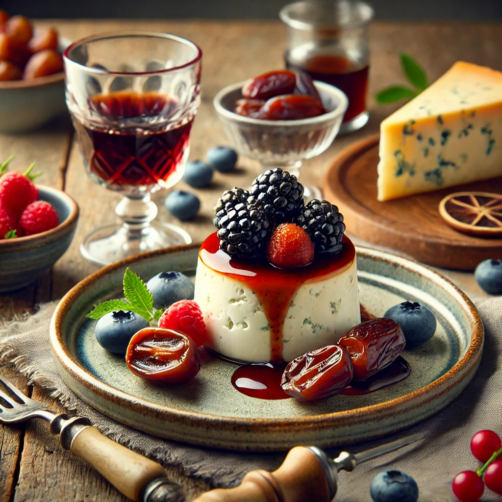 Een rustieke houten tafel met een elegant dessert van romige stiltonmousse, geserveerd met dadels en een zoete portsaus op kleine keramische bordjes. Ernaast liggen verse bessen, een stuk stiltonkaas en een glas rode port.