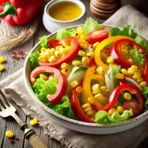 Een kleurrijke salade met knapperige kropsla, felgele maïs en dunne ringen rode paprika, geserveerd in een witte keramische kom. De salade is licht besprenkeld met een pittige vinaigrette van olie, azijn en cayennepeper. Extra paprikaschijfjes en een snufje kruiden zorgen voor een mooie afwerking. Op de rustieke houten tafel liggen een linnen servet, een vintage vork en een klein schaaltje met extra dressing. Zachte natuurlijke verlichting benadrukt de frisse kleuren en structuren van de salade.