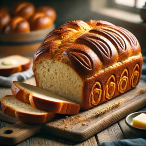 Traditioneel Nederlands Duivekater brood met een goudbruine, glanzende korst en decoratieve inkepingen, geserveerd met boter op een rustieke houten tafel.